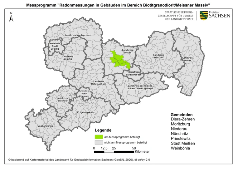 Karte des Freistaates Sachsen mit den eingefärbten Gemeinden, die am Messprogramm teilnehmen