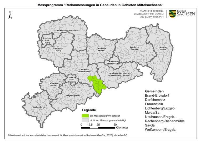 Karte des Freistaates Sachsen mit den grün eingefärbten Gemeinden, die an dem Messporgramm teilnehmen