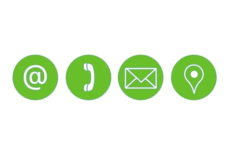 Symbole für die Kontaktaufnahmemöglichkeiten (E-Mail, Telefon, Post, Adresse)