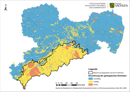 Karte des Freistaates Sachsen mit den ausgweisenen Radonvorsorgegebieten im Vogtland und Erzgebirge