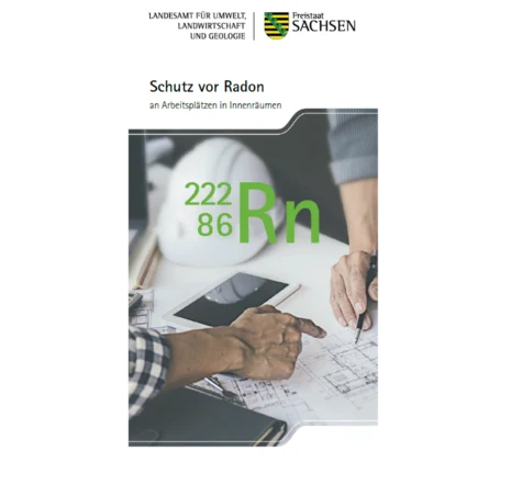 Cover der Publikation Schutz vor Radon. Dargestellt ist eine Szene der Bauplanung mit zwei Händen über einer Bauzeichnung