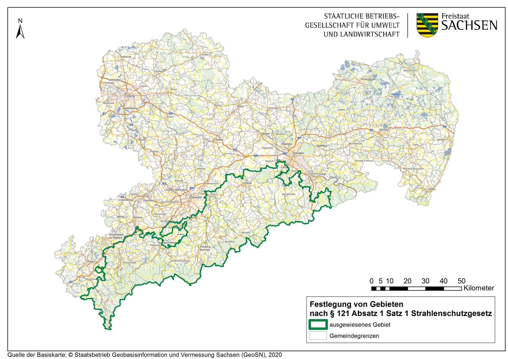 Auf einer Karte des Freistaates Sachsen ist das Radonvorsorgegebiet im Erzgebirge und Vogtland markiert.