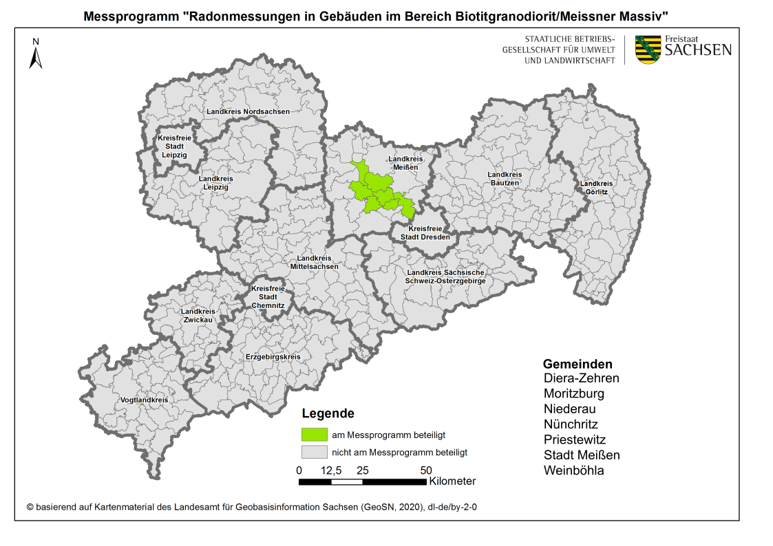 Karte des Freistaates Sachsen mit den eingefärbten Gemeinden, die am Messprogramm teilnehmen