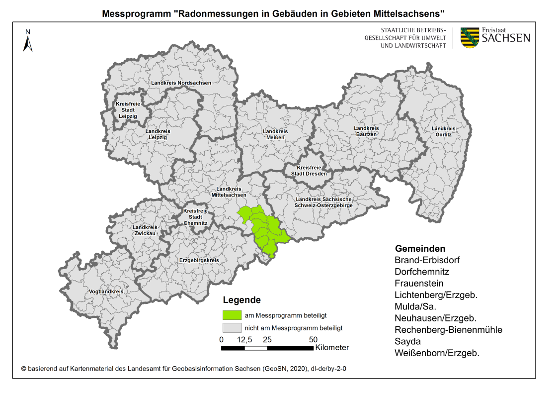 Karte des Freistaates Sachsen mit den grün eingefärbten Gemeinden, die an dem Messporgramm teilnehmen
