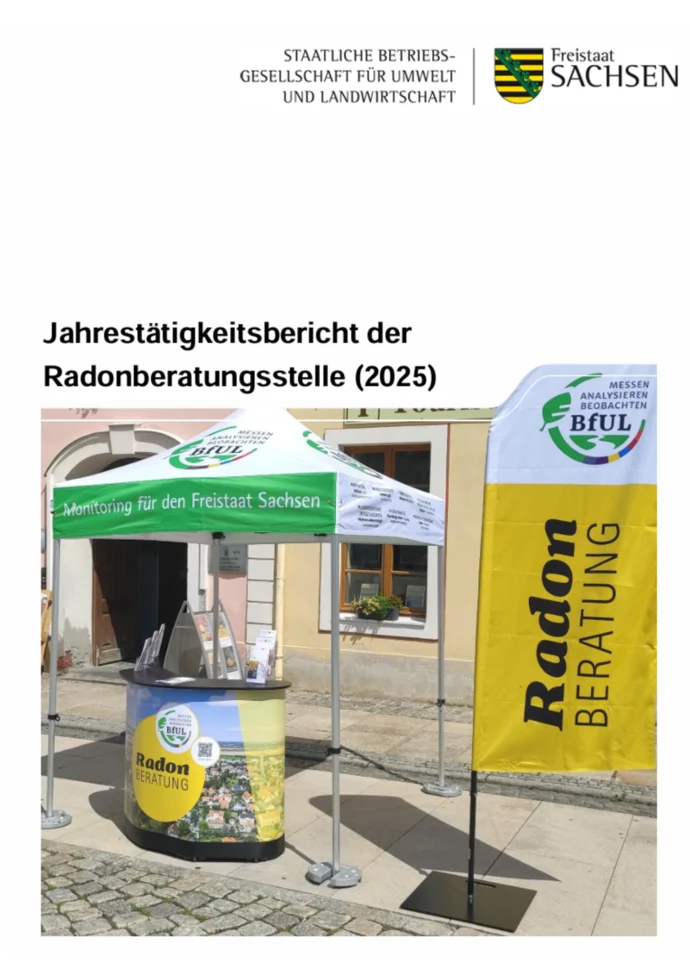 Deckblatt des Jahresberichts der Radonberatungsstelle 2025. Neben dem Titel ist ein Fote einer mobilen Radonberatung auf einem Marktplatz zu sehen. Hier steht ein Pavillion und ein Werbebanner der Radonberatung.