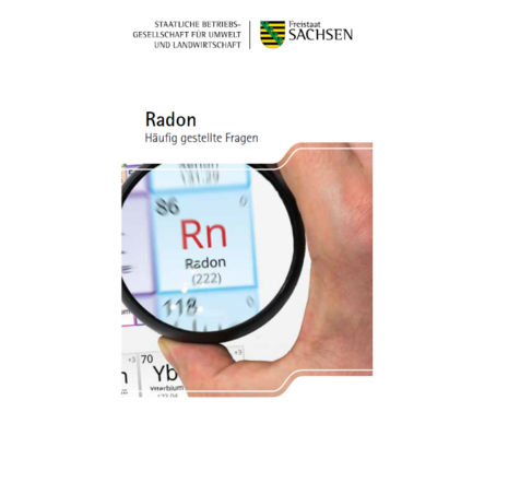 Cover der Broschüre "Radon - Häufig gestellte Fragen". Abgebildet ist eine Lup, die das Element "Radon" im Periodensystem der Elemente vergrößert.