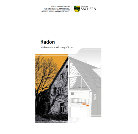 Cover des Flyers "Radon - Vorkommen Wirkung Schutz". Es zeigt ein Gebäude im Anschnitt mit möglichen Eintrittspfaden (Mauerwerk, Mediendurchführungen, Risse, Boden)