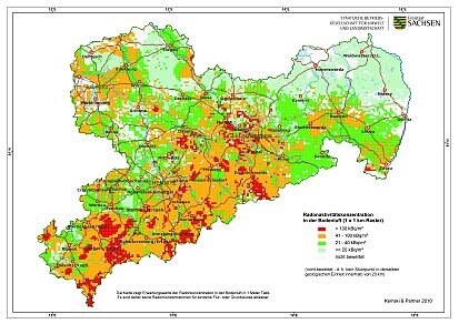 Erwartungswerte der Radonkonzentration in der Bodenluft im 1x1km-Raster (Quelle: Staatliche Betriebsgesellschaft für Umwelt und Landwirtschaft)