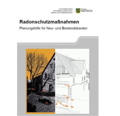 Cover der Publikation Radonschutzmaßnahmen. es wird ein Gebäude im Anschnitt mit Eintrittspfaden (Risse, Boden, Mediendurchführungen)