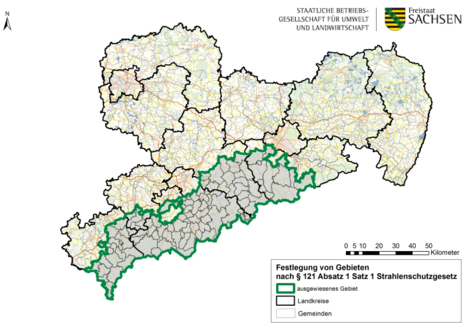 Karte der Radonvorsorgegebiete in Sachsen. Diese liegen im Erzgebirge und Vogtland.