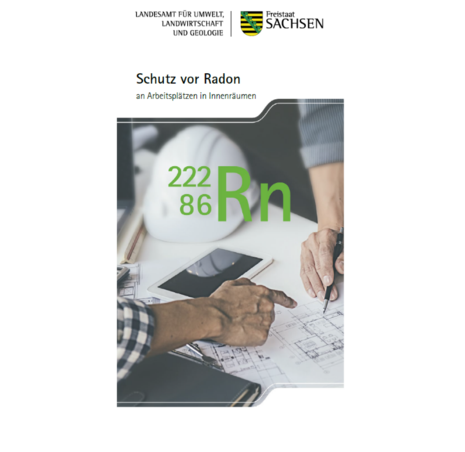 Cover der Publikation Schutz vor Radon. Dargestellt ist eine Szene der Bauplanung mit zwei Händen über einer Bauzeichnung